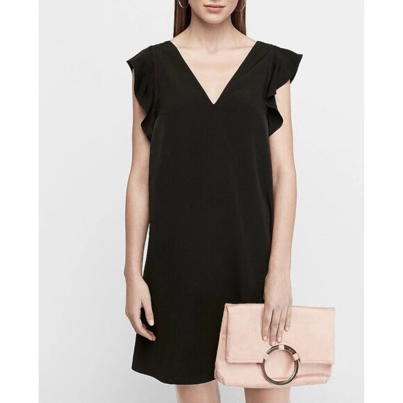Express V Neck Ruffle Short Sleeve Shift Dress Black Lined - Size XS, NWT - Picture 1 of 10